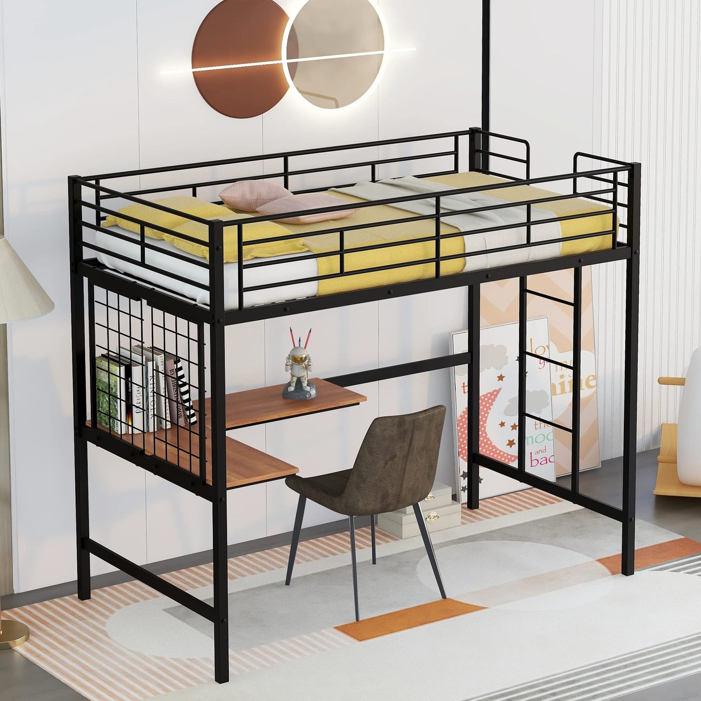 Harper & Bright Designs Twin Size Metal Loft Bed with L-Shape Desk, High Loft Bed with Metal Grid and Ladder,Loft Bed for Kids Teens Adults, No Box Spring Needed (Black)