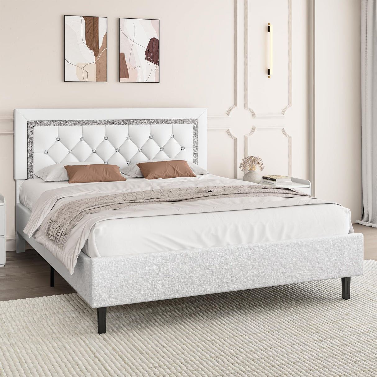 BarnFurin Full Size Bed Frame with Tufted Button Headboard, Upholstered Platform Bed Frame with Diamond Design, Wood Slat Support, No Box Spring Needed, Easy Assembly, White BarnFurin