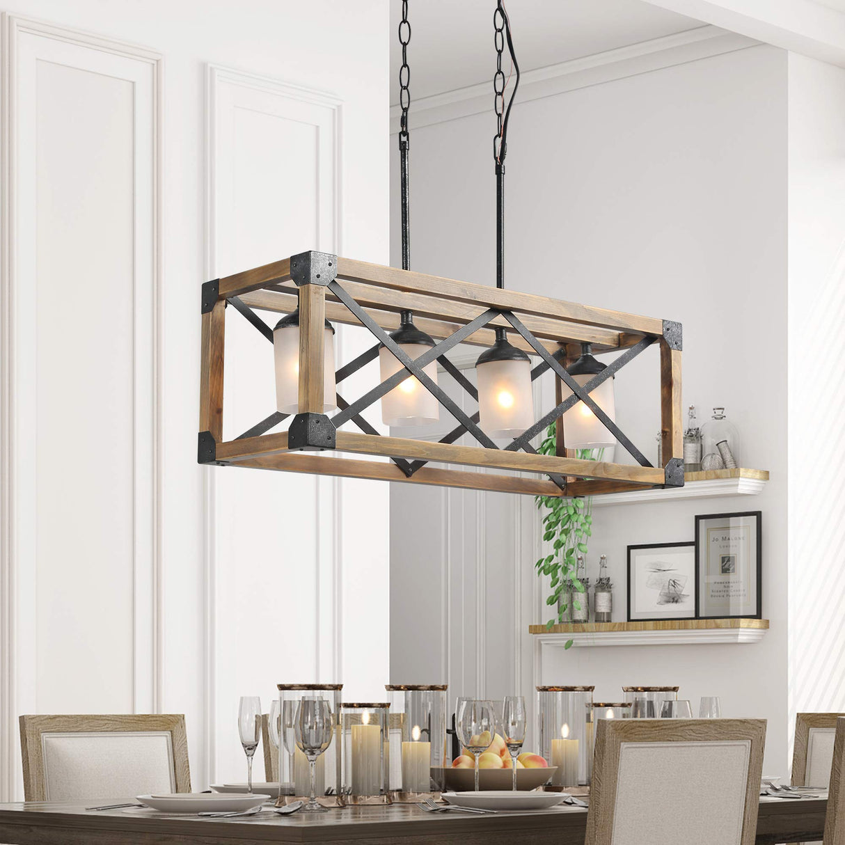 LNC Farmhouse Chandelier, 4-Light Dining Room Light Fixture, Rectangular Chandelier with Frosted Glass Globes, 27.5” L, Brown LNC