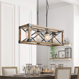 LNC Farmhouse Chandelier, 4-Light Dining Room Light Fixture, Rectangular Chandelier with Frosted Glass Globes, 27.5” L, Brown LNC