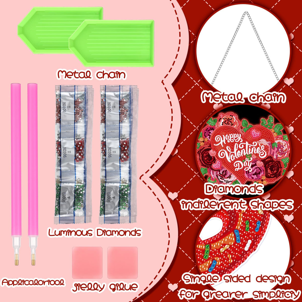 Chiisong 6 Pcs Valentine's Day Diamond Painting Glow in The Dark Diamond Art Painting Kits Flower Truck Wreath Love Gnome Tree Hanging Ornaments for DIY Holiday Decoration Gift Chiisong