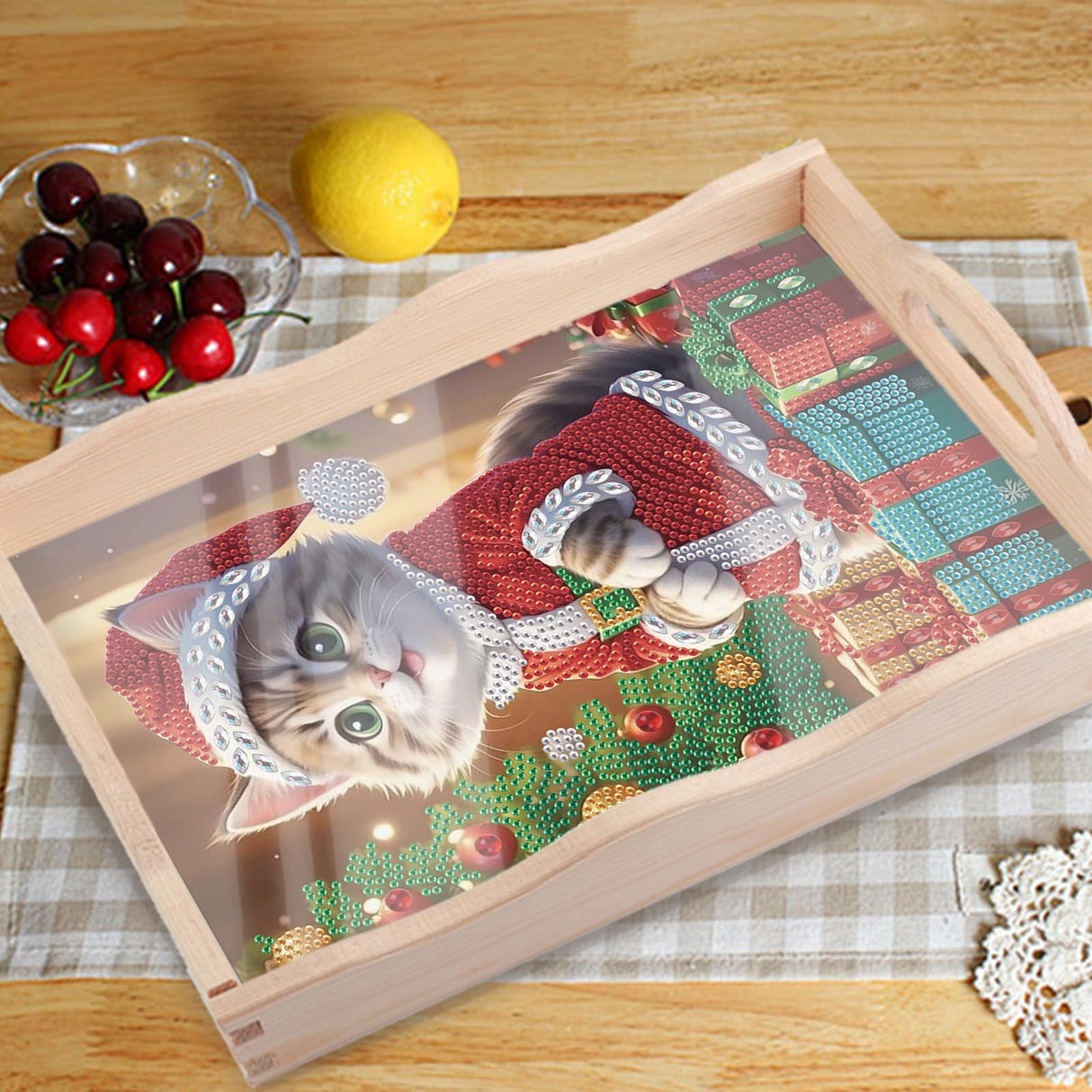 JZHYOAN Cat Diamond Painting Trays, Christmas DIY Special Platter Creative Design, Art Food Serving Platters for Party Supplies, Coffee Serving Table Tray for Living Room Dining Adults Woman Man JZHYOAN