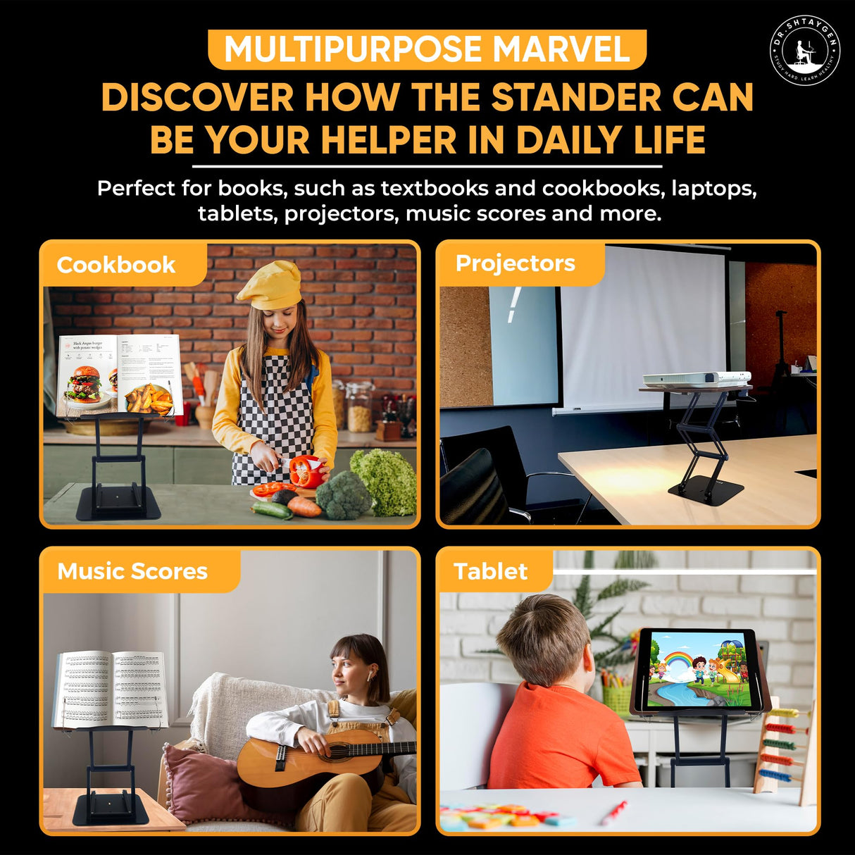 Dr. Shtaygen Reading Stand Book Holder for Desk, Counter, Table - Ergonomic Adjustable Height to 17.8", Lightweight Aluminum & Oak, Strong & Stable, Spacious 13" x 8.7" Platform for Tablet, Laptop Dr. Shtaygen