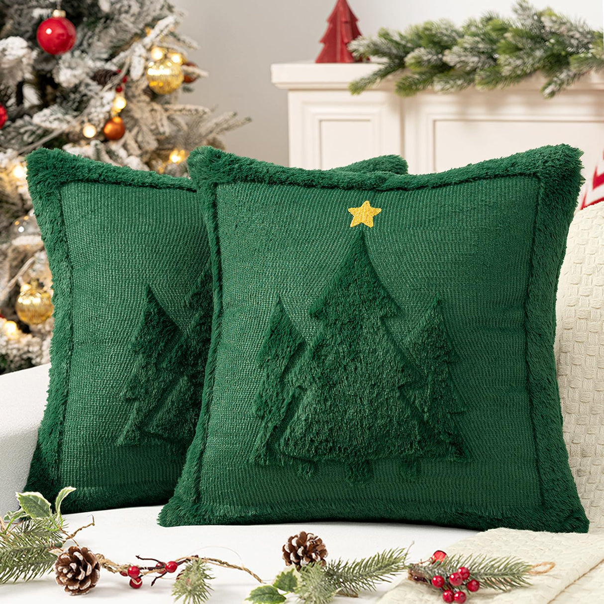 MIULEE Christmas Trees Pillow Covers Set of 2 Decorative Soft Throw Pillows Plush Faux Fur Wool Embroidered Couch Cushion for Holiday Winter Home Decor Chair Sofa Bedroom Living Room,Green 20x20inch MIULEE