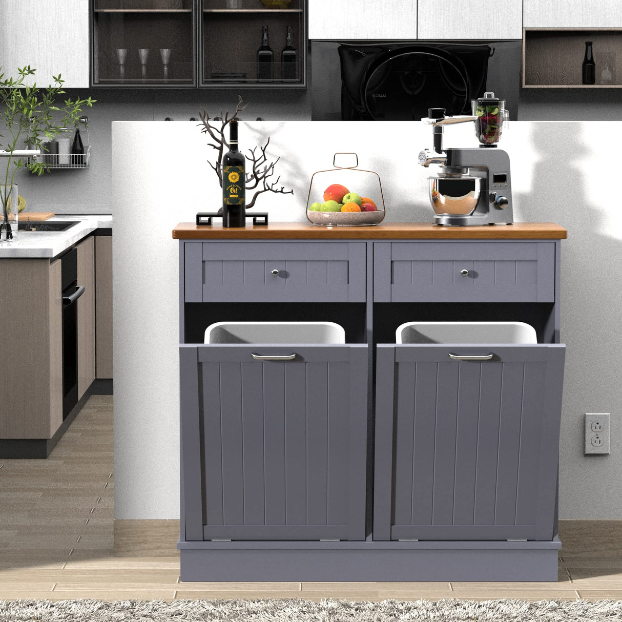 TOLEAD Double Tilt Out Trash Cabinet 20 Gallon,Antique-style Beadboard Trash Can Cabinet Kitchen with Solid Wood Tabletop & Drawer, Pet Proof Trash Can, Wood Laundry Cabinet (Grey) TOLEAD