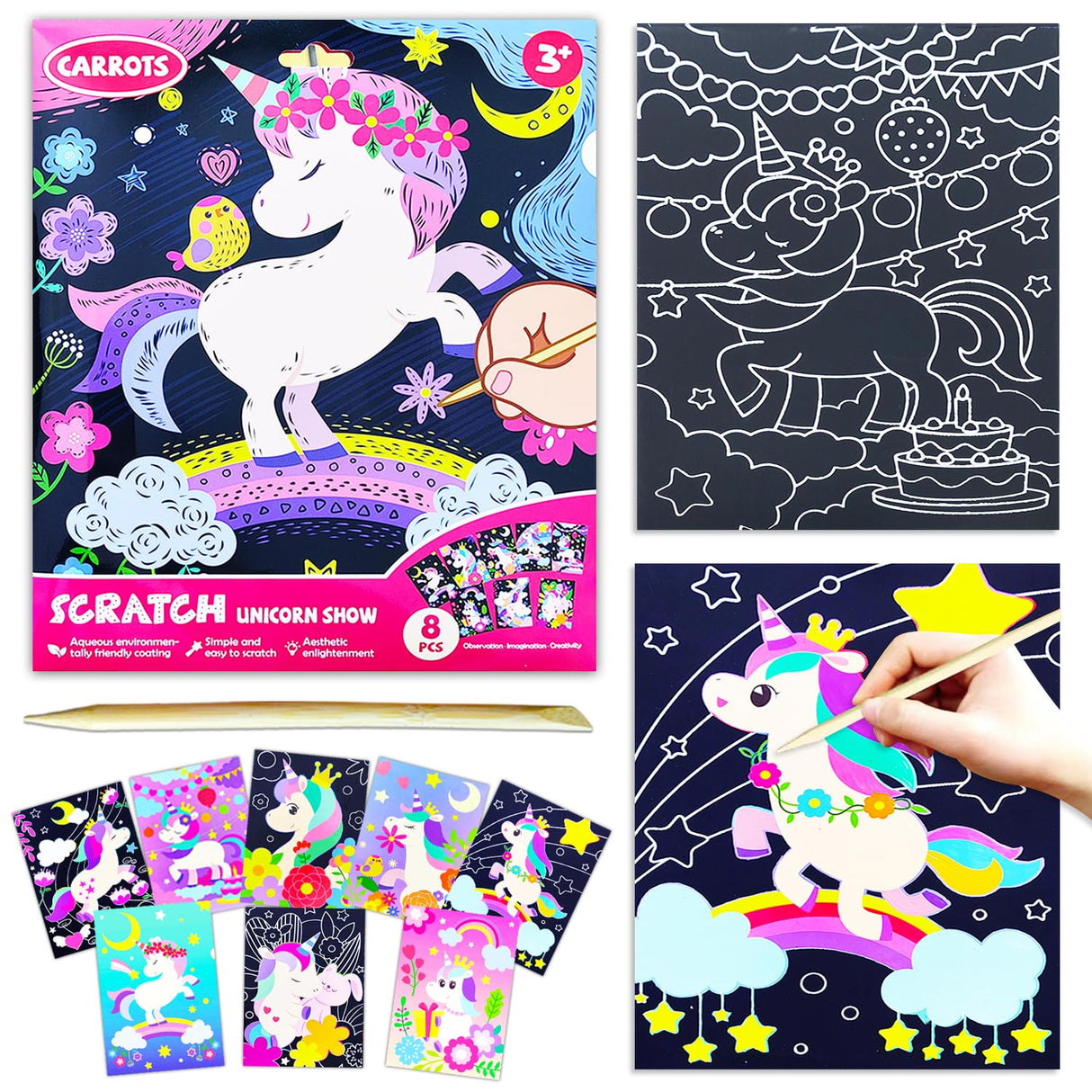 BAOXUE Scratch Art for Kids, Unicorns Black Rainbow Scratch Art Paper Set-Arts and Crafts & Supplies, DIY Activity & Party Games, Unicorn Art Gifts for Toddlers, Girls & Boys BAOXUE