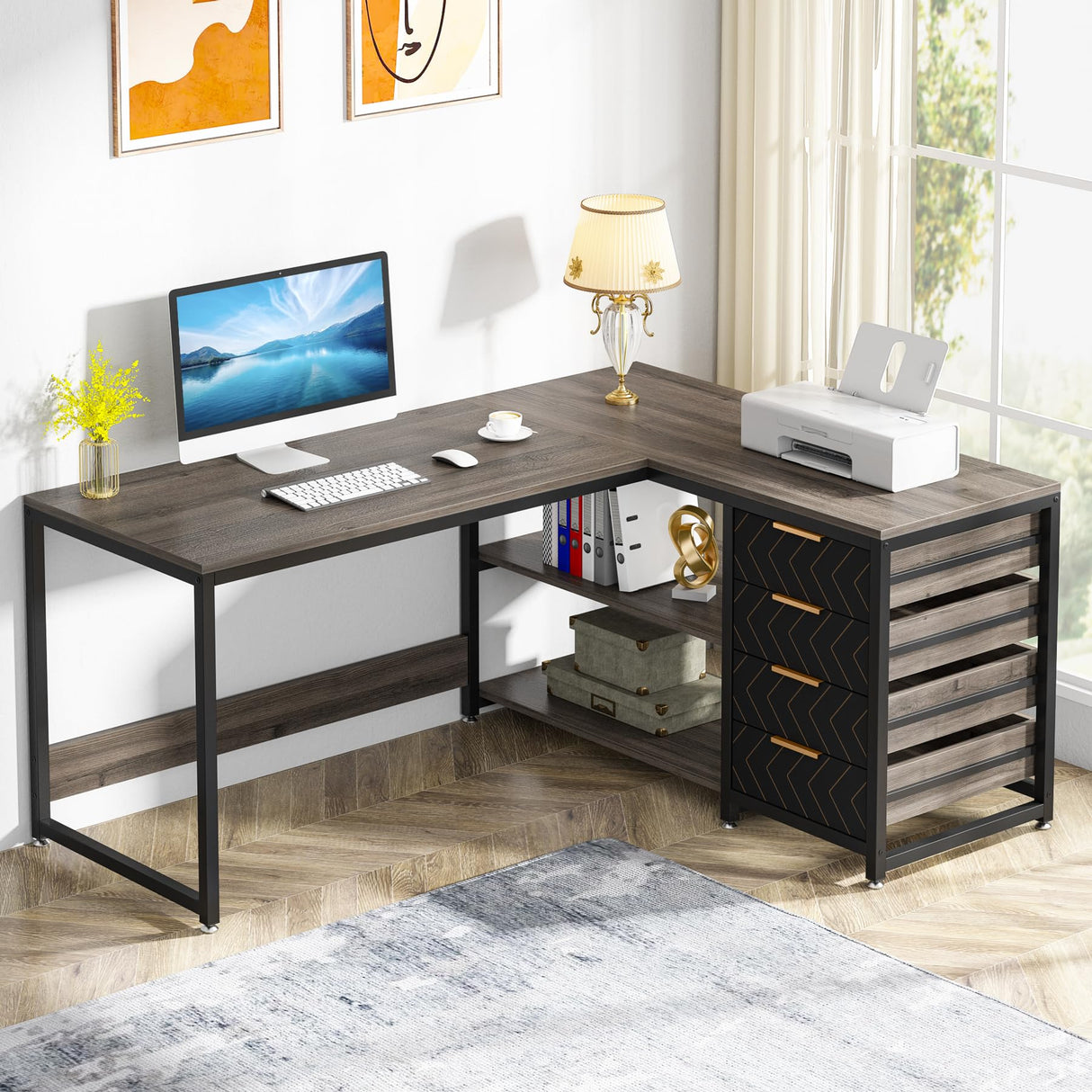 Tribesigns L Shaped Computer Desk with Storage Drawers, 59 inch Corner Desk with Shelves, Reversible L-Shaped Office Desk Writing Table Workstation for Home Office, Grey Tribesigns