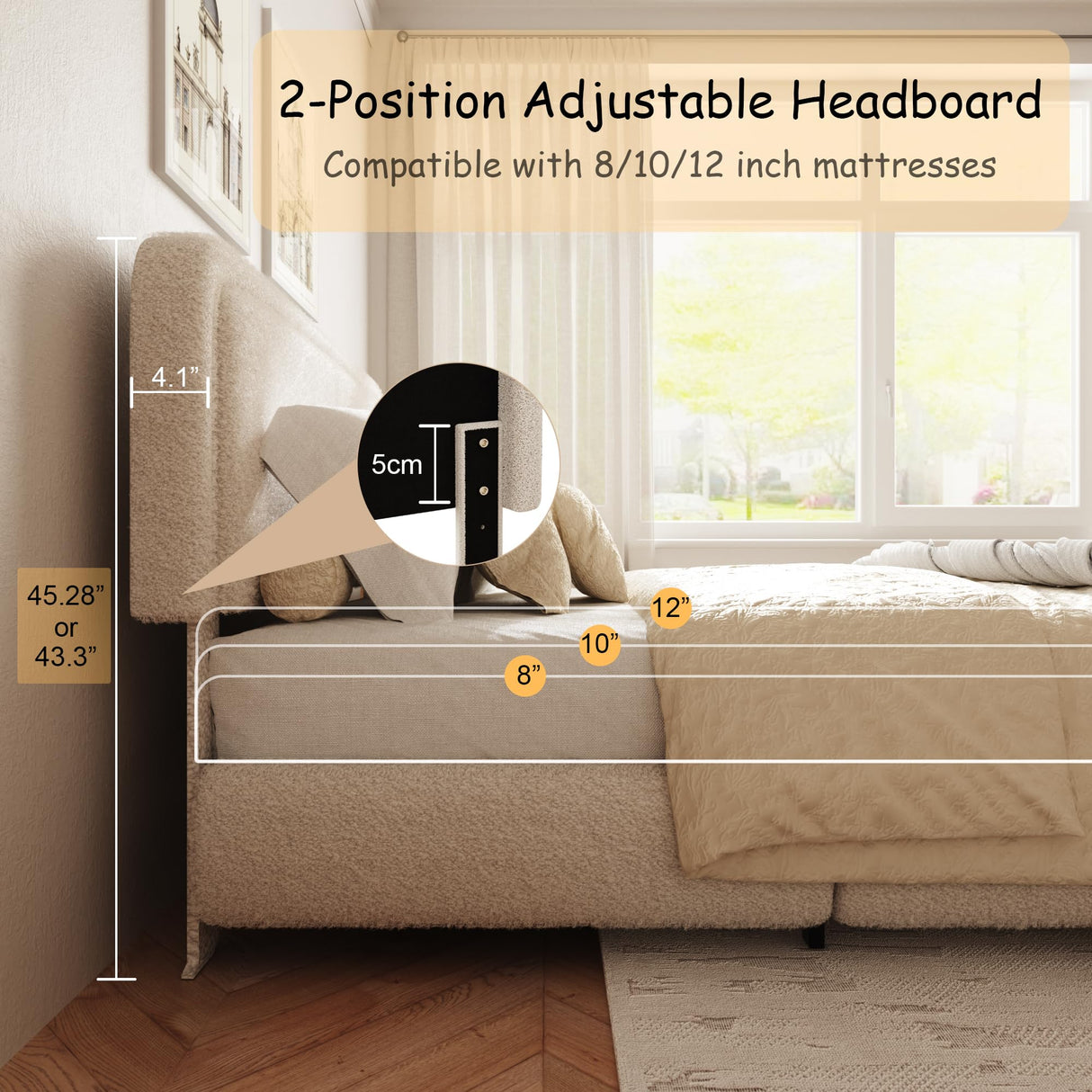 GLOLLOSPARK King Size Boucle Bed Frame, Cloud Upholstered Platform Bed with Height Adjustable Headboard & Soft Rounded Corners, No Box Spring Needed, Noise Free, Easy Assembly, Beige GLOLLOSPARK