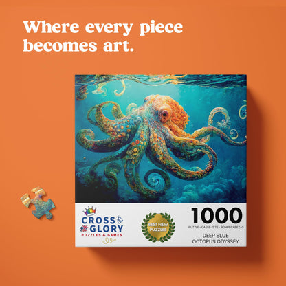 Cross & Glory - Deep Blue Octopus Odyssey - 1000 Piece Jigsaw Puzzle for Adults | Best New Marine Artwork Puzzle | Unique Brain Teaser