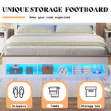 AMERLIFE King Size Bed Frame with Bookcase Storage Headboard and Footboard, LED Platform Bed with Charging Station, No Box Spring Needed, Noise Free, Distressed White AMERLIFE