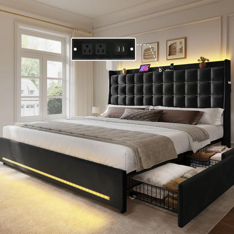YITAHOME King Size Bed Frame with 4 Drawers and RGB LED Lights, Velvet Upholstered Platform Bed with Charging Station and Storage Headboard, No Box Spring Needed, Easy Assembly, Noise-Free, Black YITAHOME