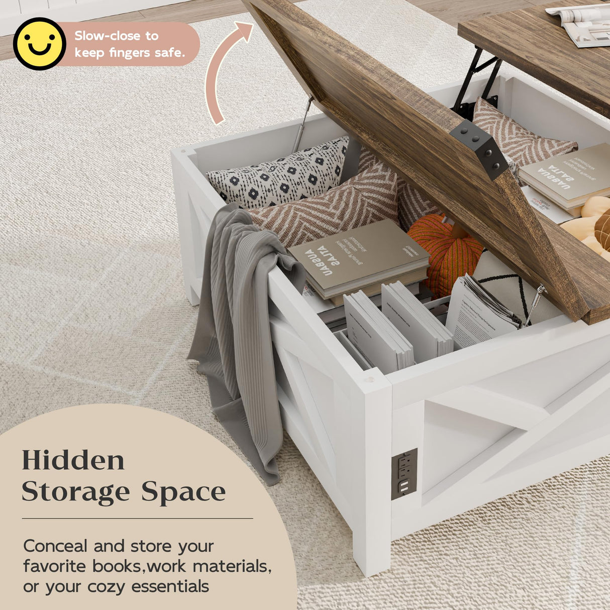 MU Lift Top Coffee Table, Square Coffee Table with Hidden Storage, Farmhouse Wood Table with Charging Station and Barn Door for Living Room, White MU