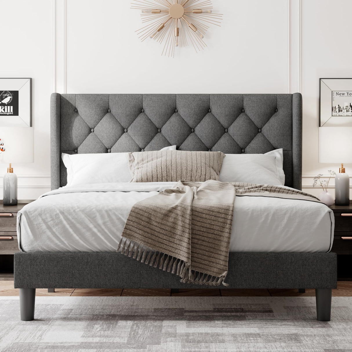Feonase Queen Size Bed Frame with Diamond Tufted Wingback Headboard, Morden Upholstered Platform Bed, Sturdy Wooden Slats Support, Noise-Free, No Box Spring Needed, Easy Assembly, Dark Gray Feonase