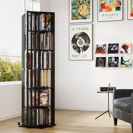 Espelism 6 Tier Rotating Bookshelf, 360° Spinning Narrow Bookcase Tower, Space Saving Floor Standing Wood Shelf & CD Organizer for Small Spaces, Bedroom, Living Room, Office (Black, 6-Tier) Espelism