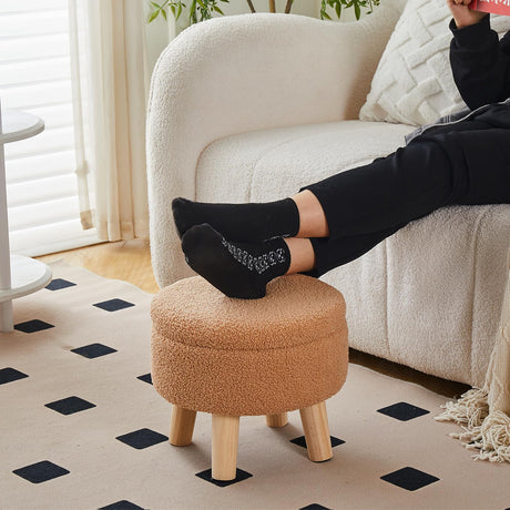 Wimarsbon Storage Ottoman, Modern Round Footrest with Soft Padded Seat, Teddy Velvet Footstool with Wood Legs, Accent Small Table or Plant Stand for Hallway, Living Room (Champagne) Wimarsbon