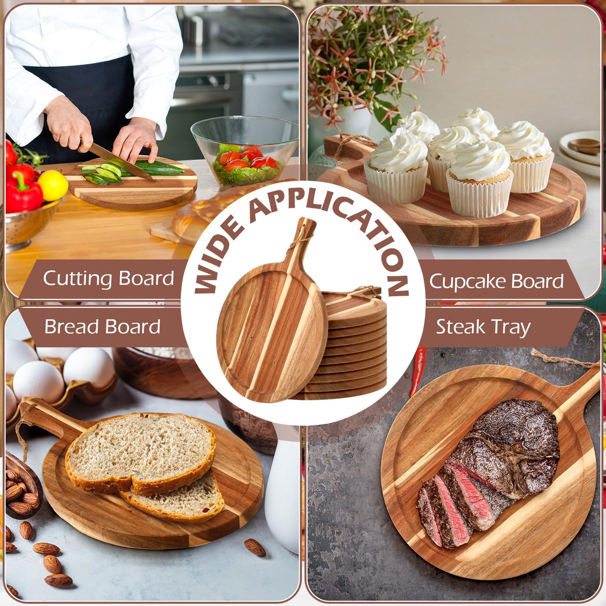 Tanlade 12 pcs Acacia Wood Cutting Board with Handle, Wooden Serving Board, Round Kitchen Chopping Boards Pizza Tray Paddle for Bread, Cheese Charcuterie, Fruit, Vegetables Tanlade