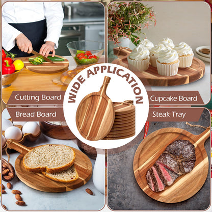 Tanlade 12 pcs Acacia Wood Cutting Board with Handle, Wooden Serving Board, Round Kitchen Chopping Boards Pizza Tray Paddle for Bread, Cheese Charcuterie, Fruit, Vegetables - WoodArtSupply