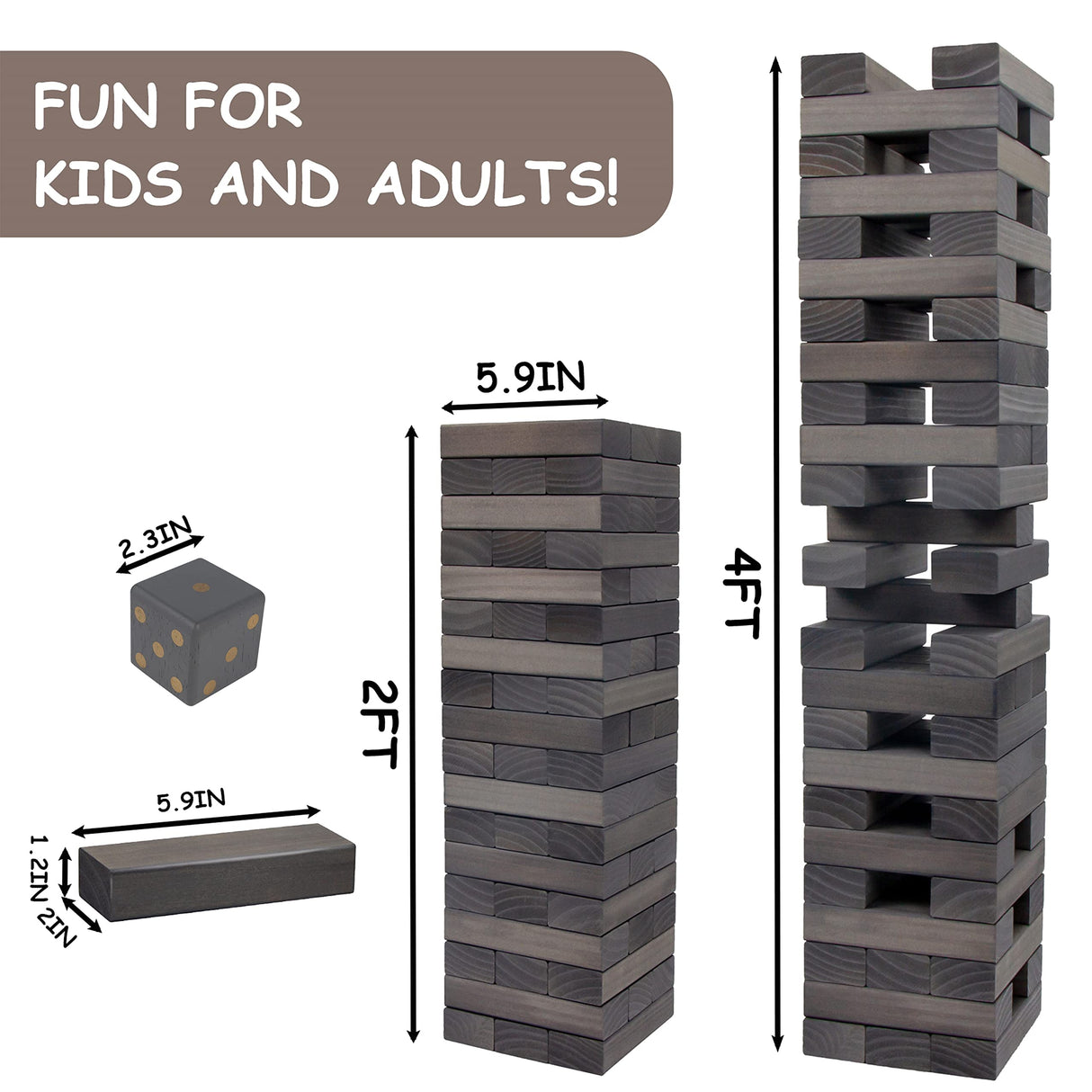 Juegoal 54 Pieces Giant Tumble Tower Blocks Game Giant Wood Stacking Game with 1 Dice Set, Gameboard, Canvas Bag for Adult, Kids, Family, Grey Juegoal