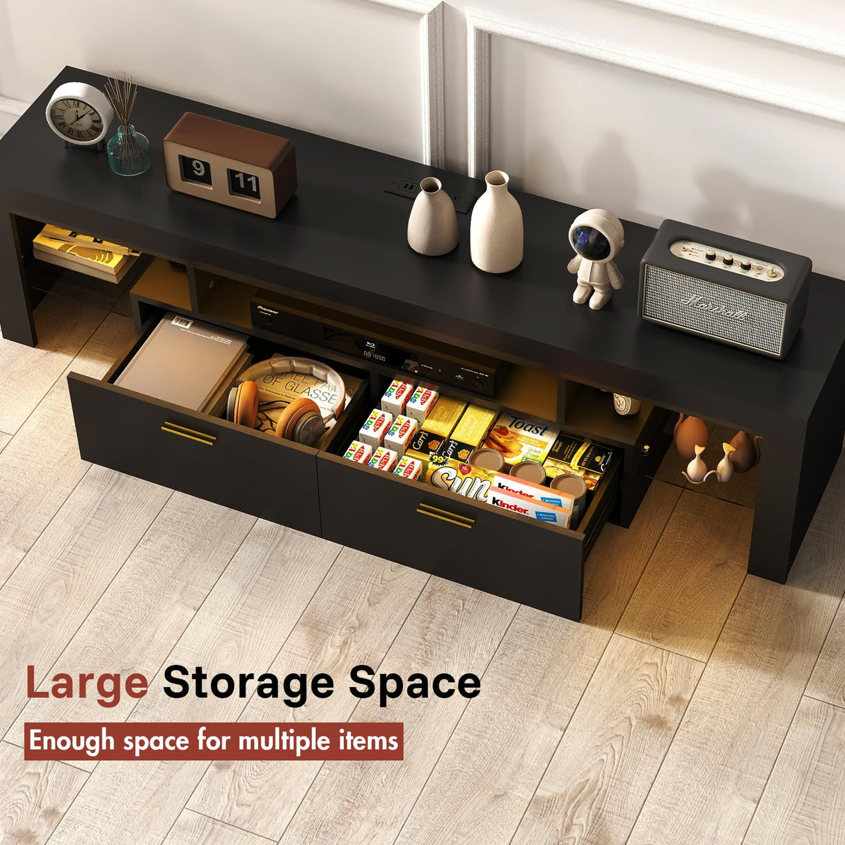 Redkey Modern TV-Stand with Mount - TV Console with 2AC Outlets - Television Stands with RGB Led Light for 70 75 80 Inch TVs - Double Cabinet - Open Glass Shelves - Pure Black Redkey