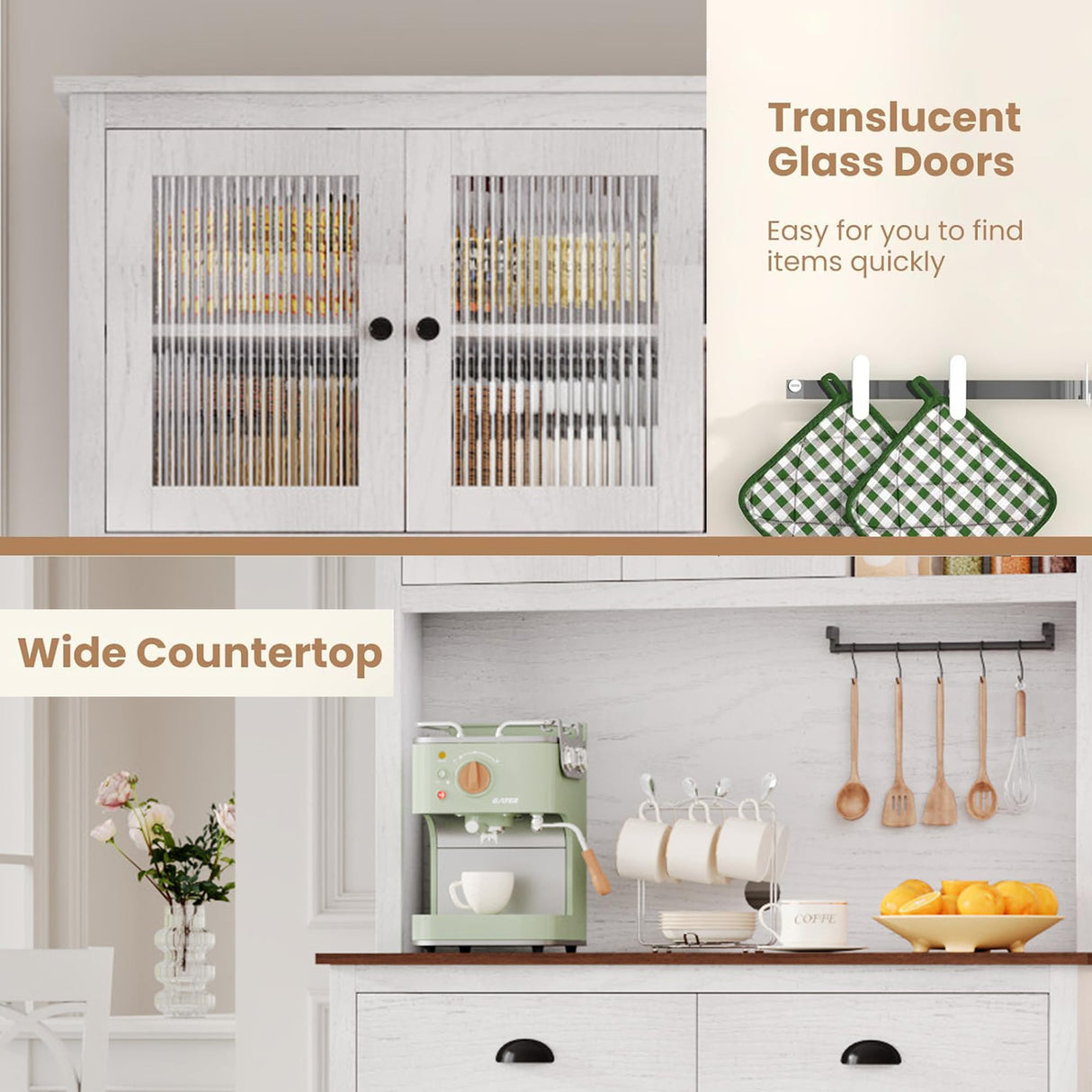 GarveeHome Kitchen Pantry Storage Cabinet, 71" Tall Wood Pantry with Microwave Stand, Modern Kitchen Hutch Cabinet, Coffee Bar Hutch with Wine Rack for Dining Room, Living Room, White GarveeHome