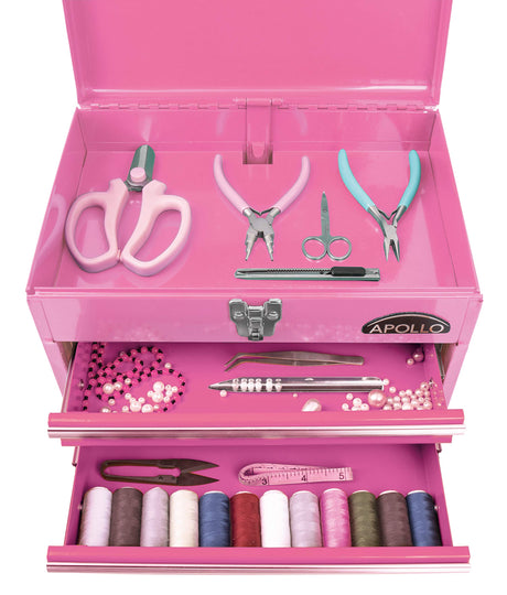 Apollo Tools 14 Inch Steel Tool Box with Deep Top Compartment and 2 Drawers in Heavy-Duty Steel With Ball Bearing Opening and Powder Coated Finish - Pink Ribbon - Pink - DT5010P Apollo
