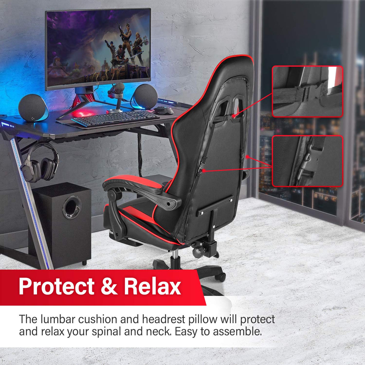 Gaming Chair, Backrest and Seat Height Adjustable Swivel Recliner Racing Office Computer Ergonomic Video Game Chair with Footrest and Lumbar Support, Red/Black YSSOA