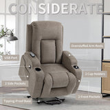 Trustyue Power Lift Recliner Chair with Heat and Massage for Elderly, Electric Recliner Chairs with Standing Assistance, 2 Cup Holders, 4 Pockets, USB Charge Port, Linen Fabric Khaki Trustyue