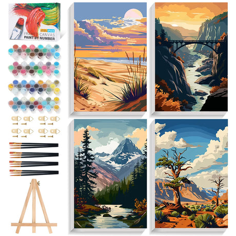4 Pack National Park Paint by Numbers Kit for Adults Framed, Landscape Paint by Number Kits with Frame, DIY Acrylic Watercolor Adult Paint by Number Kits on Canvas for Home Decor Gift 8x12 Inch PRASIO