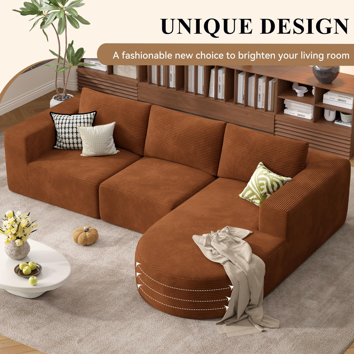 Modular Sectional Sofa with L-Shape Chaise,Cloud Sectional Modern Sleeper Couch with Deep Seat,Sponge Compression Sofas No Assembly Required(Brown-Corduroy Fabric) 1PCS Luxanimarion