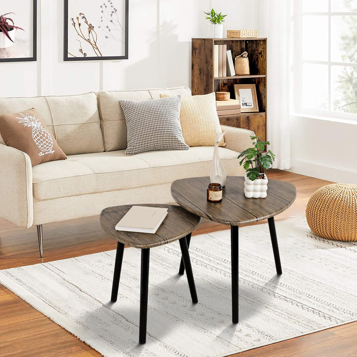 Small Nesting Coffee Table Set of 2 Modern Minimalist Wooden Side Table with Wood Frame for Couch Bedroom Apartment, Light Brown FEUFOAM