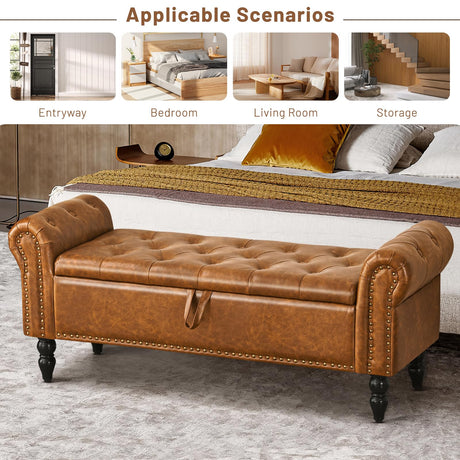 Furniliving Storage Ottoman Bench, Leather Bench End of Bed Bench with Solid Wood Legs Upholstered Ottoman Bench with Storage Indoor Bench for Living Room with Rolled Arm, Entryway, YellowBrown Furniliving