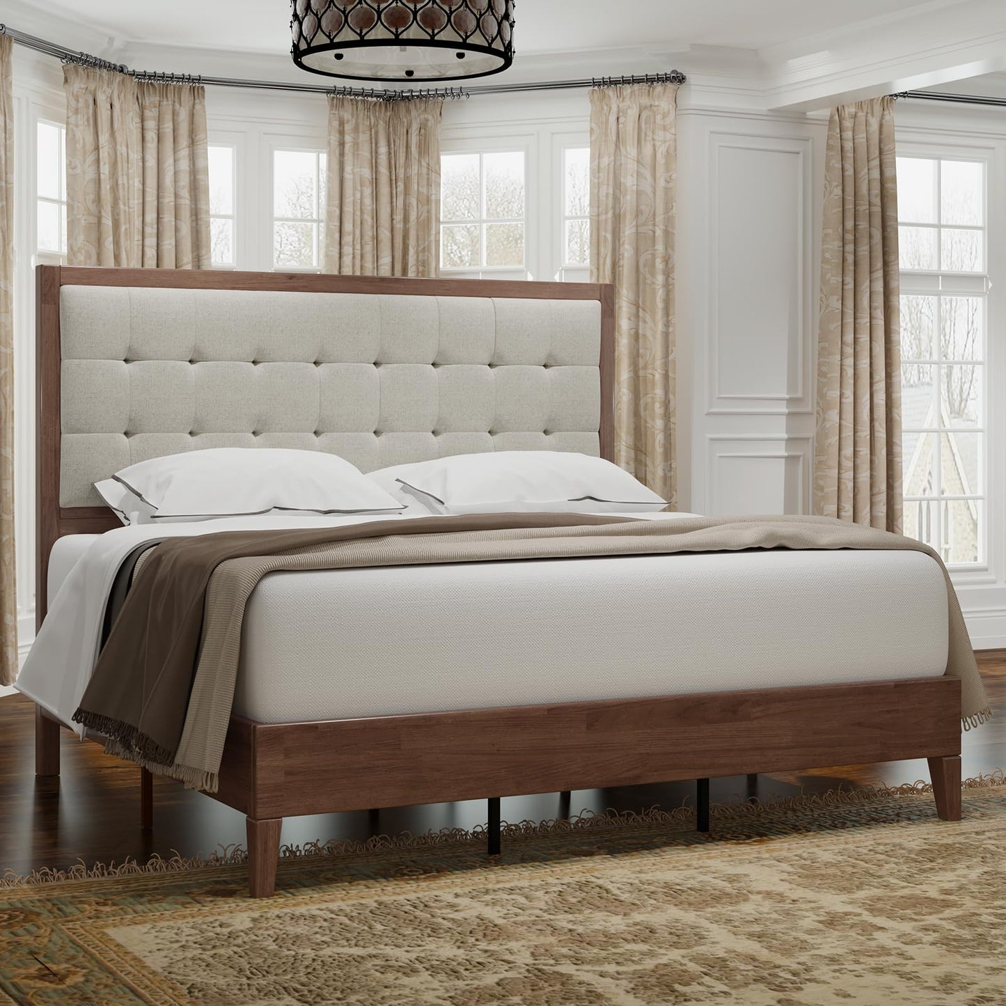 Jocisland Full Size Upholstered Wood Platform Bed Frame with Tufted Headboard in Walnut - WoodArtSupply