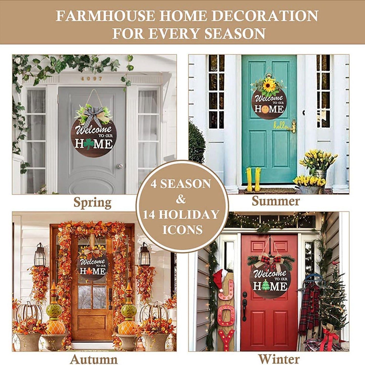 Interchangeable Welcome Front Door Sign Round Wood 4 Seasonal Wreaths 21 Changeable Icons Decoration Hanging Outdoor Farmhouse Porch for Easter Thanksgiving Halloween Christmas Independence Day