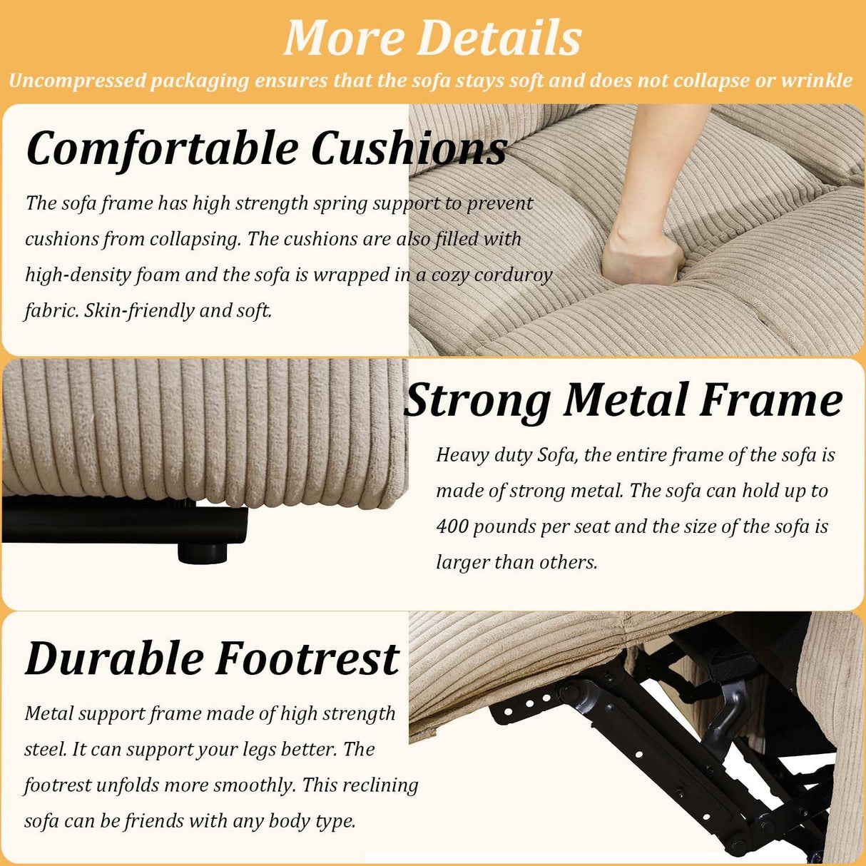 SIENWIEY Beige Corduroy Reclining Sofa Set for Living Room - Manual Fabric 3-Seater Sofa, Double Loveseat, and Chair SIENWIEY