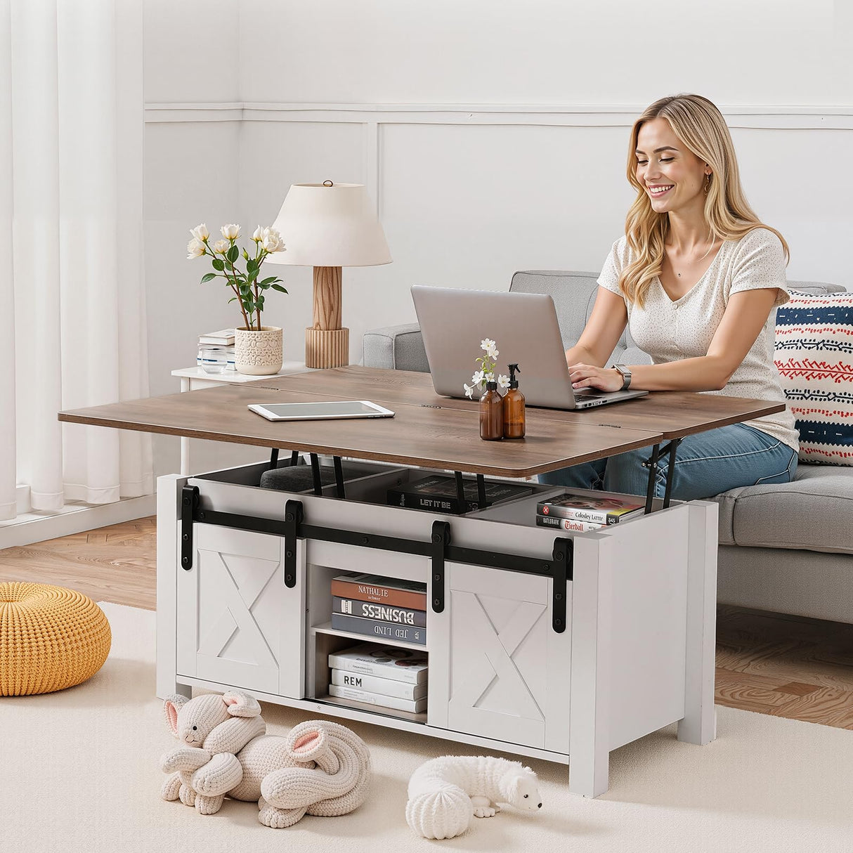 VEVOR 39.4 in Farmhouse Lift Top Coffee Table, Rustic Center Table with Barn Door and Hidden Storage Compartment, Modern Rectangle Lifting Tabletop for Living Room, Office, Home, Easy Assembly, Brown VEVOR