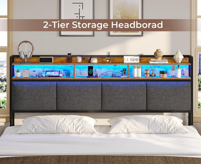 AOGLLATI King Headboard with LED Lights & Charging Station, Grey - Stylish 2-Tier Storage & Soft Backrest - WoodArtSupply