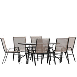 EMMA + OLIVER Seven Piece Indoor/Outdoor Dining Set - Metal Table with Tempered Glass Top - Six Brown Flex Comfort Chairs- Umbrella Hole - All Weather EMMA + OLIVER