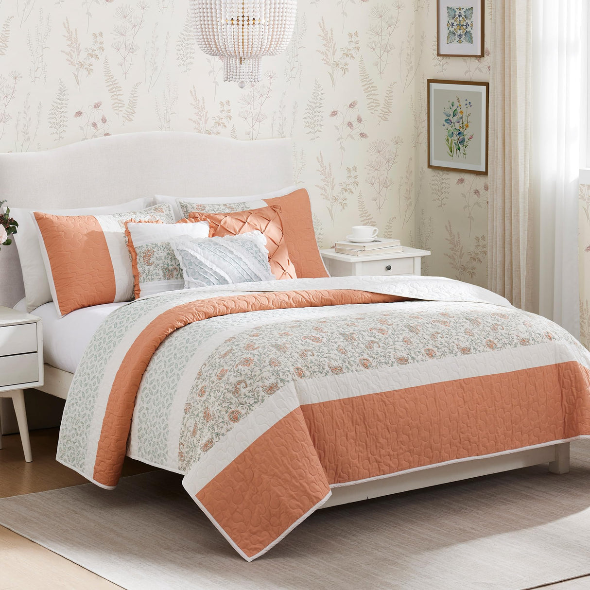 Madison Park 100% Cotton Quilt Set Floral Print, Double Sided Stitching, All Season, Lightweight Coverlet Shabby Chic Bedding Layer, Matching Shams, Full/Queen, Coral 6 Piece Madison Park