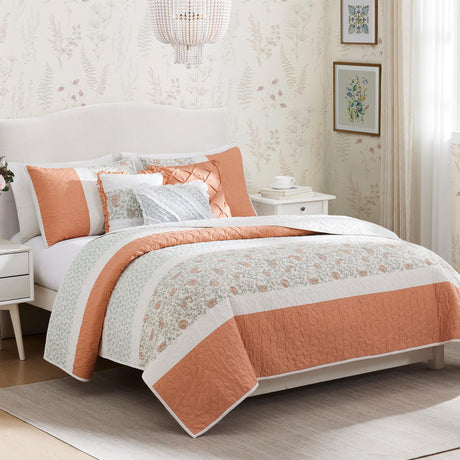 Madison Park 100% Cotton Quilt Set Floral Print, Double Sided Stitching, All Season, Lightweight Coverlet Shabby Chic Bedding Layer, Matching Shams, Full/Queen, Coral 6 Piece Madison Park