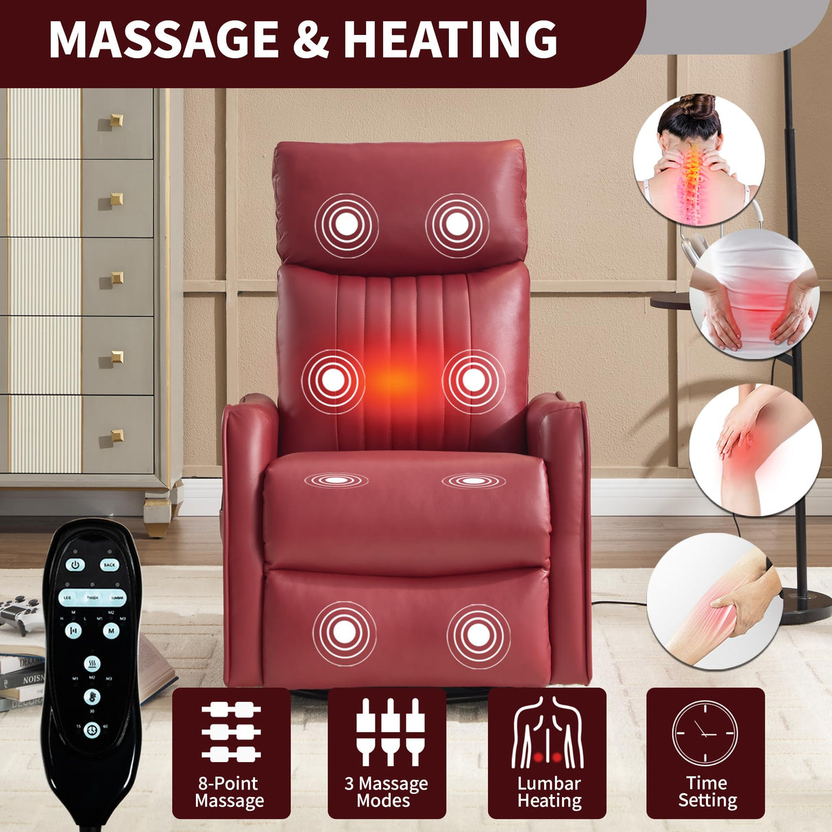 Manual Swivel Rocker Recliner Chair for Adults, Overstuffed Reclining Glider Chair for Nursing with Vibration Massage & Heat, Living Room Rocking Recliner 2-Stage backrest, Faux Leather Red EZZUP