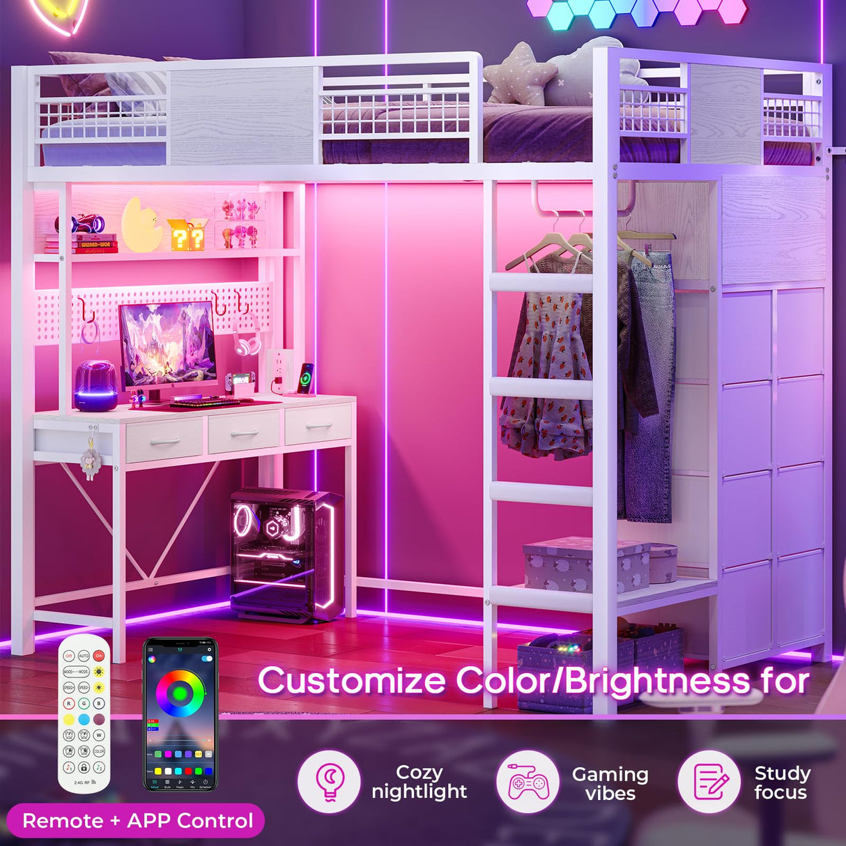 ADORNEVE Twin Size Loft Bed with Desk, 11 Storage Drawers & RGB LED Lights, Metal Loft Bed with Power Outlet, Shelves & Clothing Rack, 13.4" H Safety Guard & Paded Ladder, White ADORNEVE