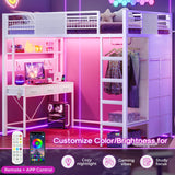 ADORNEVE Twin Size Loft Bed with Desk, 11 Storage Drawers & RGB LED Lights, Metal Loft Bed with Power Outlet, Shelves & Clothing Rack, 13.4" H Safety Guard & Paded Ladder, White ADORNEVE
