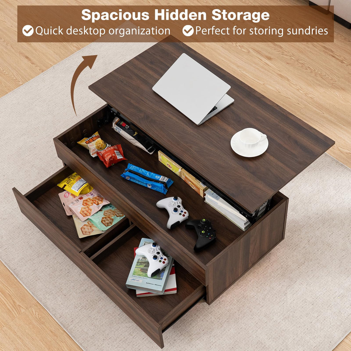 HOMMPA Modern Lift Top Coffee Table with Storage for Living Room, LED Coffee Table, Wooden Lift Table Top Dining Table with 2 Drawers Hidden Compartment & Metal Frame, Walnut HOMMPA