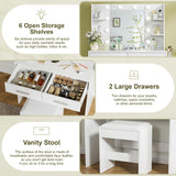 YESHOMY Vanity Desk with Mirror, Makeup Table with 2 Large Drawers, Power Outlet and Round Holder, 3 Color Modes Adjustable Bulb, Bench Included, White YESHOMY