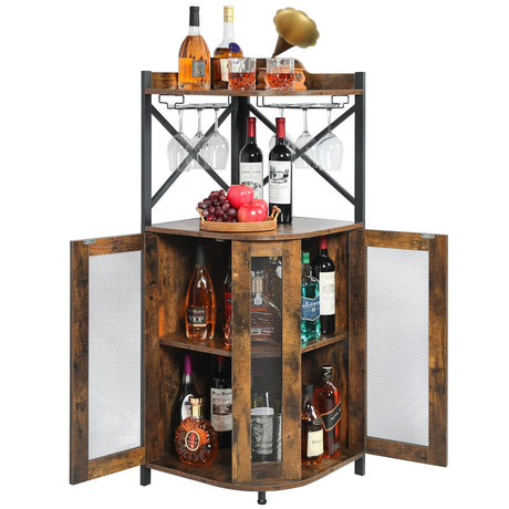 JKsmart Corner Bar Cabinet with Glass Holder, Industrial Wine Cabinet with Mesh Door, Liquor Bar Cabinet with Adjustable Shelf, Home Bar for Liquor and Wine Storage, Rustic Brown JKsmart