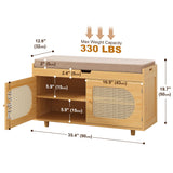 PETKABOO Rattan Shoe Storage Bench,Bamboo Entryway Bench, 2-Tier Shoe Rack,35.4" W x 12.6" D x 19.7" H with 2 Doors & Padded Seat Cushion for Entryway, Living Room, Bedroom, Natural PETKABOO