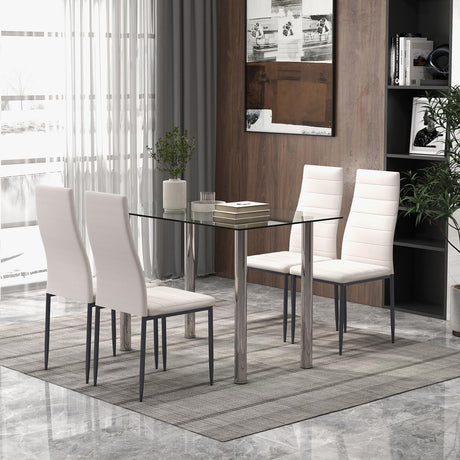 Tangkula 5 PCS Dining Table Set, Modern Tempered Glass Top and PVC Leather Chair w/4 Chairs, Dining Room Kitchen Furniture (White and Silver) Tangkula