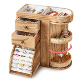 BNING Wood Jewelry Box, Solid Wooden Rotating Jewelry Box Organizer for Women, Gifts for Girls - 4 Layer Rustic Small Jewelry Organizer Box with 3 Drawers for Necklace Ring Earring Bracelet BNING