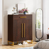 Tribesigns Shoe Cabinet with Doors, 20 Pairs Shoe Storage Cabinet with Drawer for Entryway, Modern Shoe Rack Organizer with Adjustable Shelves for Hallways Bedroom Living Room, Walnut & Gold Tribesigns
