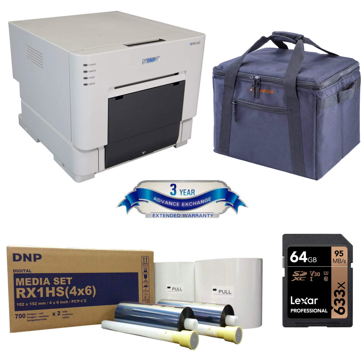 DNP DS-RX1HS Compact Event Photo Booth Portrait Dye-Sublimation Printer Bundle Print Media 4x6-inch, 2 Rolls + Slinger Padded Printer Carrying Case + 64GB SD Card + 3 Year Extended Warranty DNP
